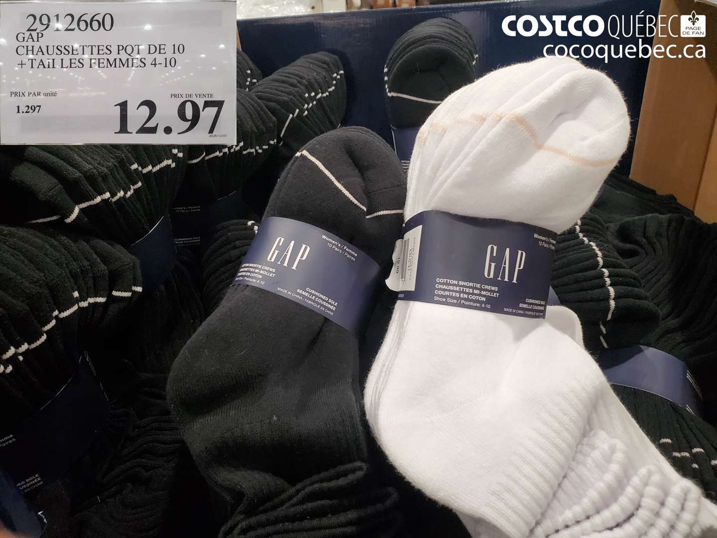 2912660 GAP CHAUSSETTES POT DE 10 + TAILLES FEMMES 4-10  $12.97