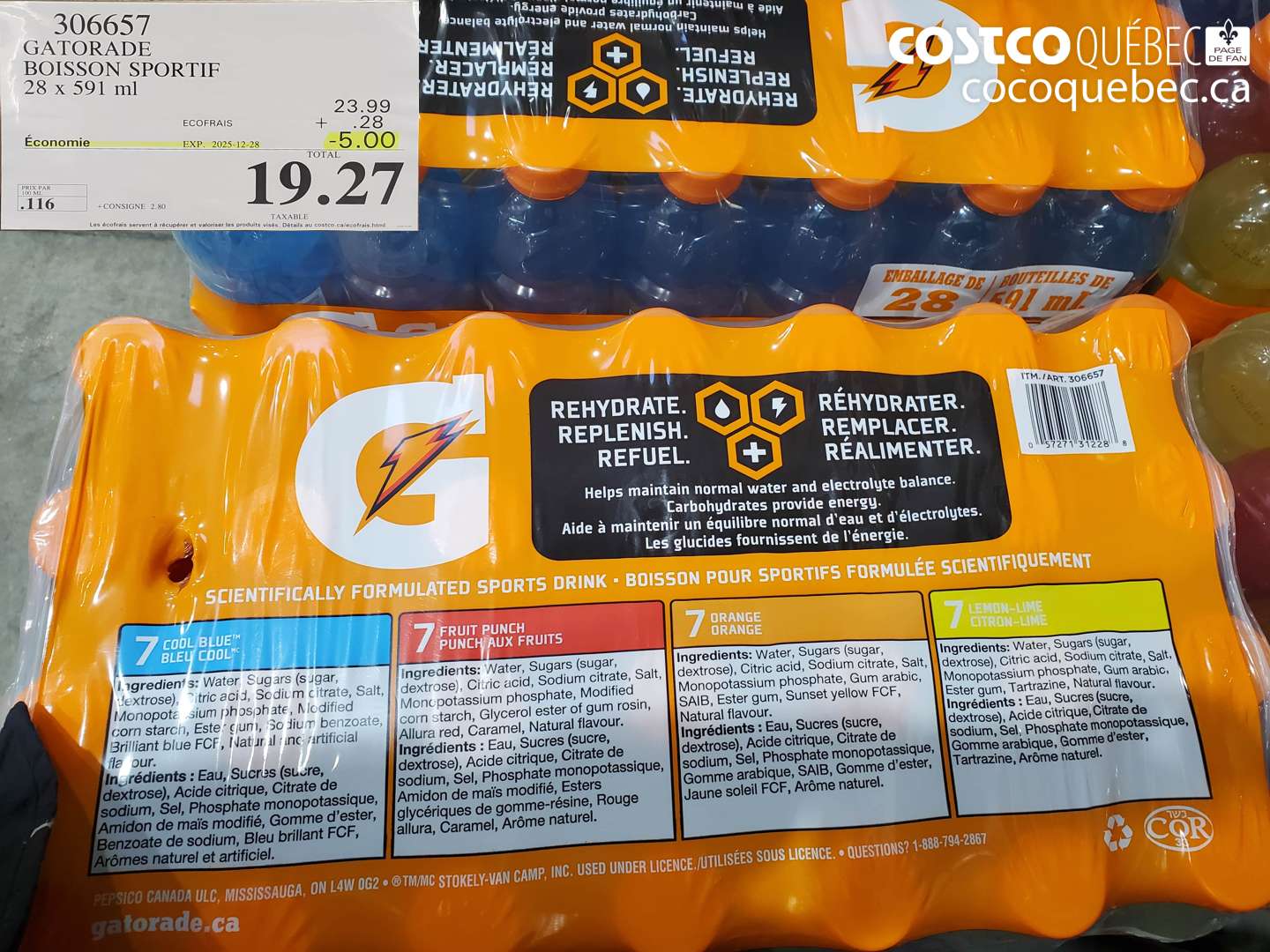 306657 GATORADE BOISSON SPORTIF 28 x 591 ml ($5.00 INSTANT SAVINGS EXPIRES ON 2025-12-28) $19.27