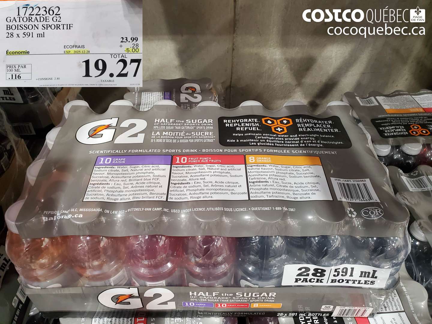 1722362 GATORADE G2 BOISSON SPORTIF 28 x 591 ml ($5.00 INSTANT SAVINGS EXPIRES ON 2025-12-28) $19.27