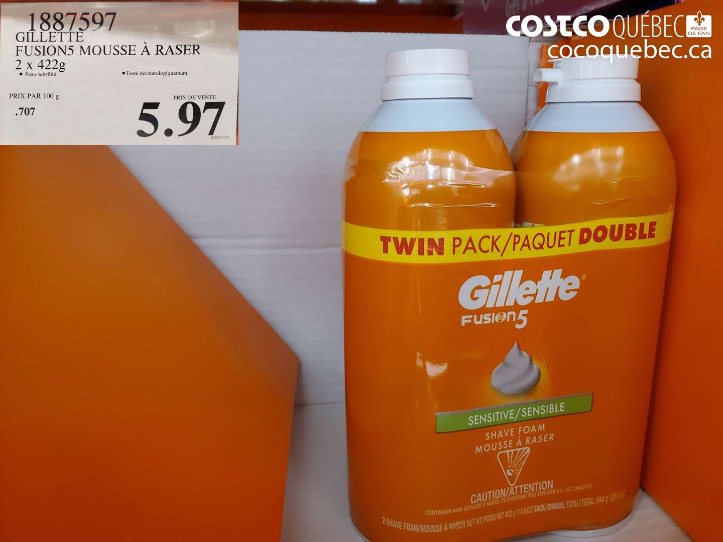 1887597 GILLETTE FUSIONS MOUSSE À RASER 2 x 422g $5.97