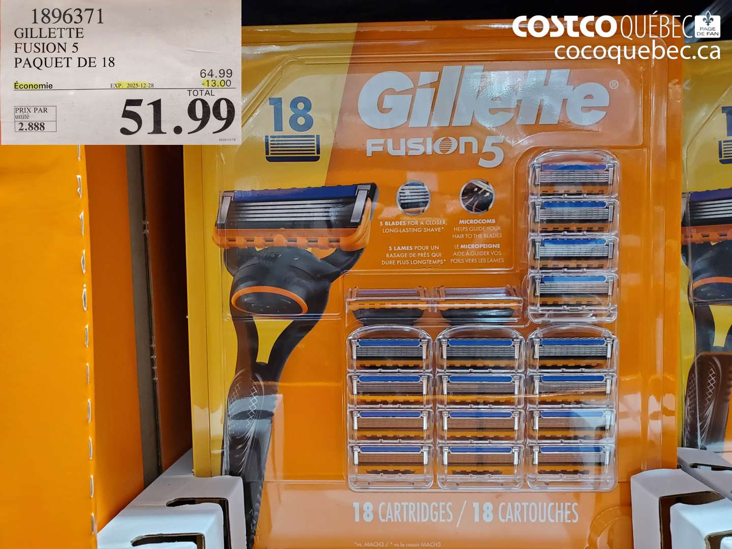 1896371 GILLETTE FUSION 5 PAQUET DE 18 ($13.00 INSTANT SAVINGS EXPIRES ON 2025-12-28) $51.99