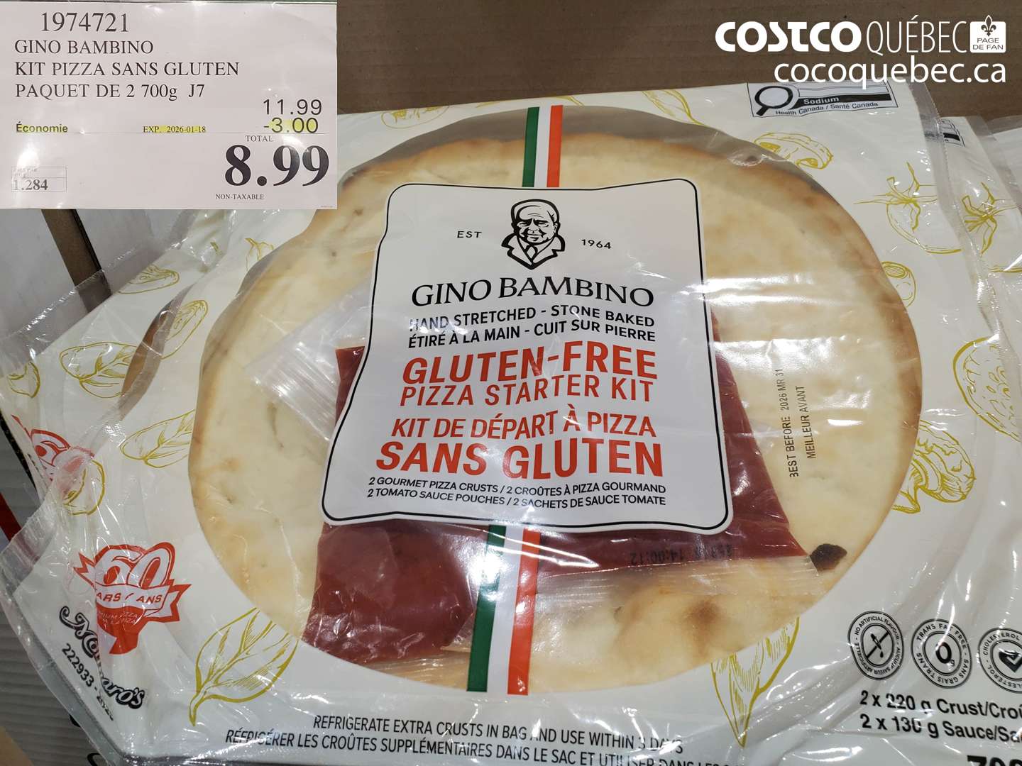 1974721 GINO BAMBINO KIT PIZZA SANS GLUTEN PAQUET DE 2 700g J7 ($3.00 INSTANT SAVINGS EXPIRES ON 2026-01-18) $8.99