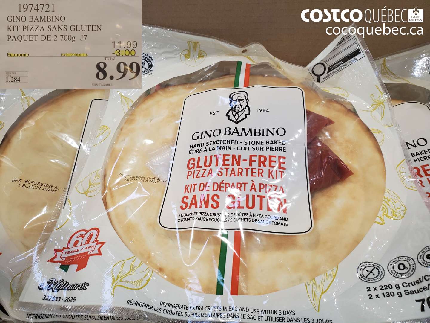 1974721 GINO BAMBINO KIT PIZZA SANS GLUTEN PAQUET DE 2 700g J7 ($3.00 INSTANT SAVINGS EXPIRES ON 2026-01-18) $8.99