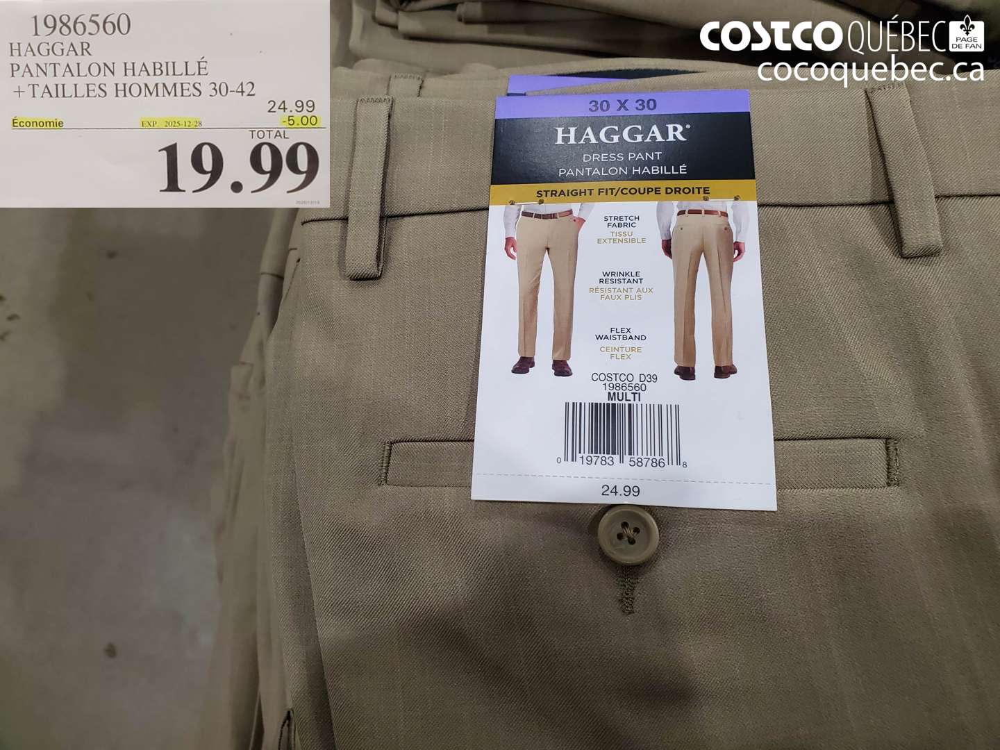 1986560 HAGGAR PANTALON HABILLE +TAILLES HOMMES 30-42  ($5.00 INSTANT SAVINGS EXPIRES ON 2025-12-28) $19.99
