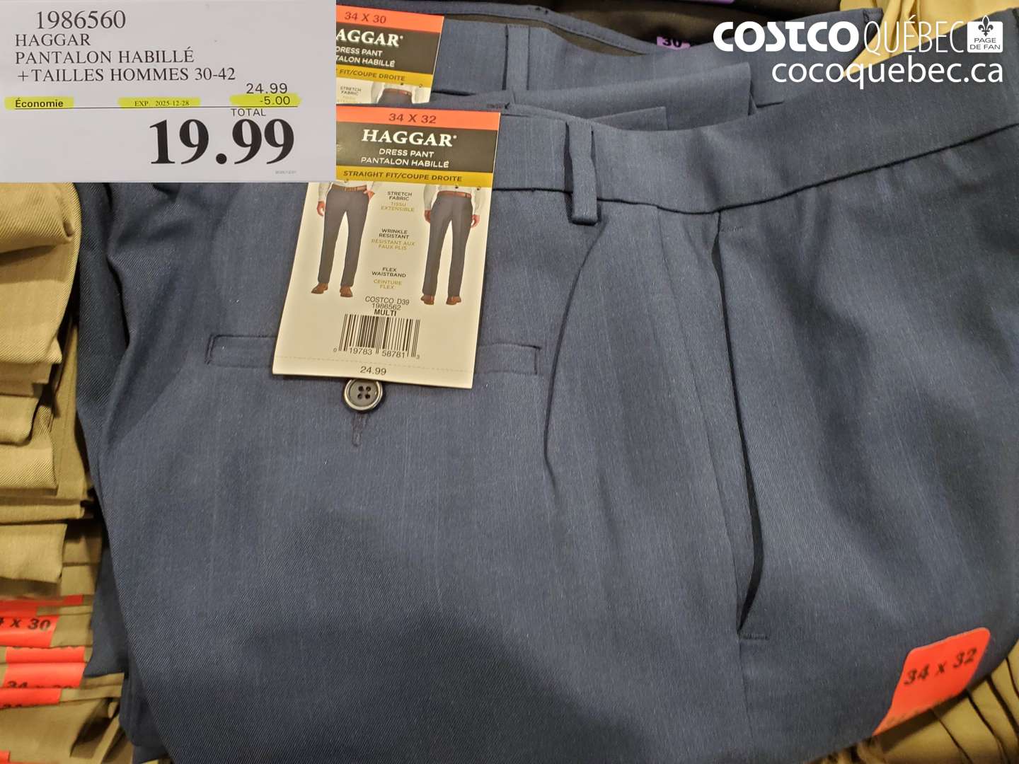 1986560 HAGGAR PANTALON HABILLE +TAILLES HOMMES 30-42  ($5.00 INSTANT SAVINGS EXPIRES ON 2025-12-28) $19.99