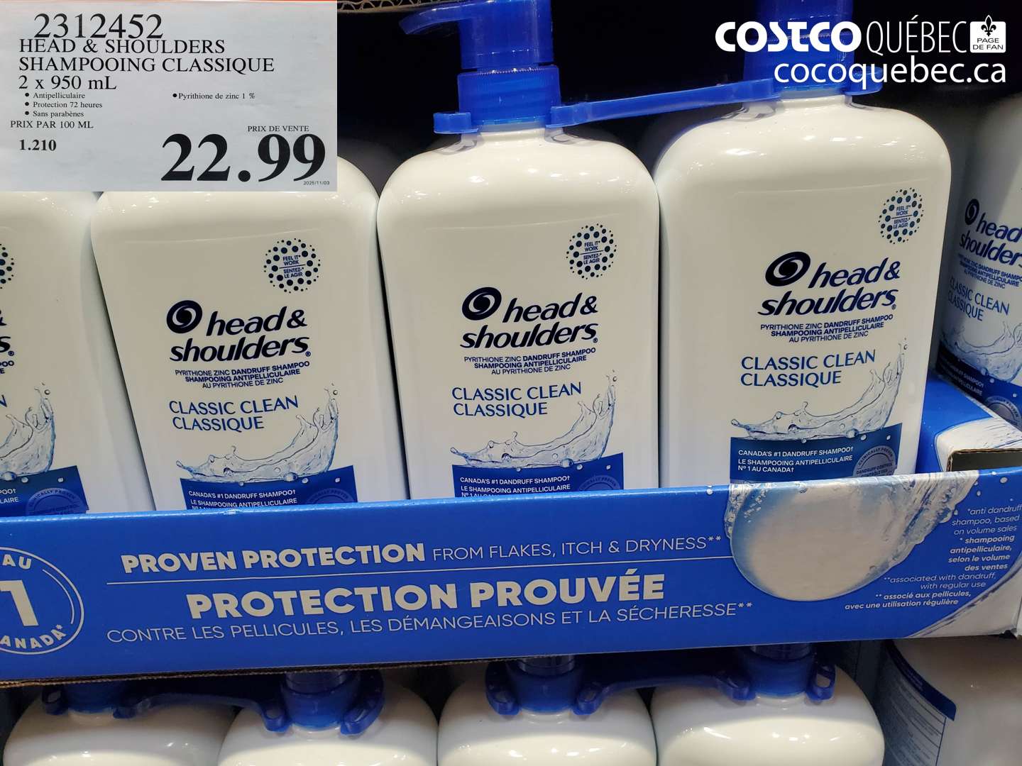 23112452 HEAD & SHOULDERS SHAMPOOING CLASSIQUE 2 x 950 mL $22.99