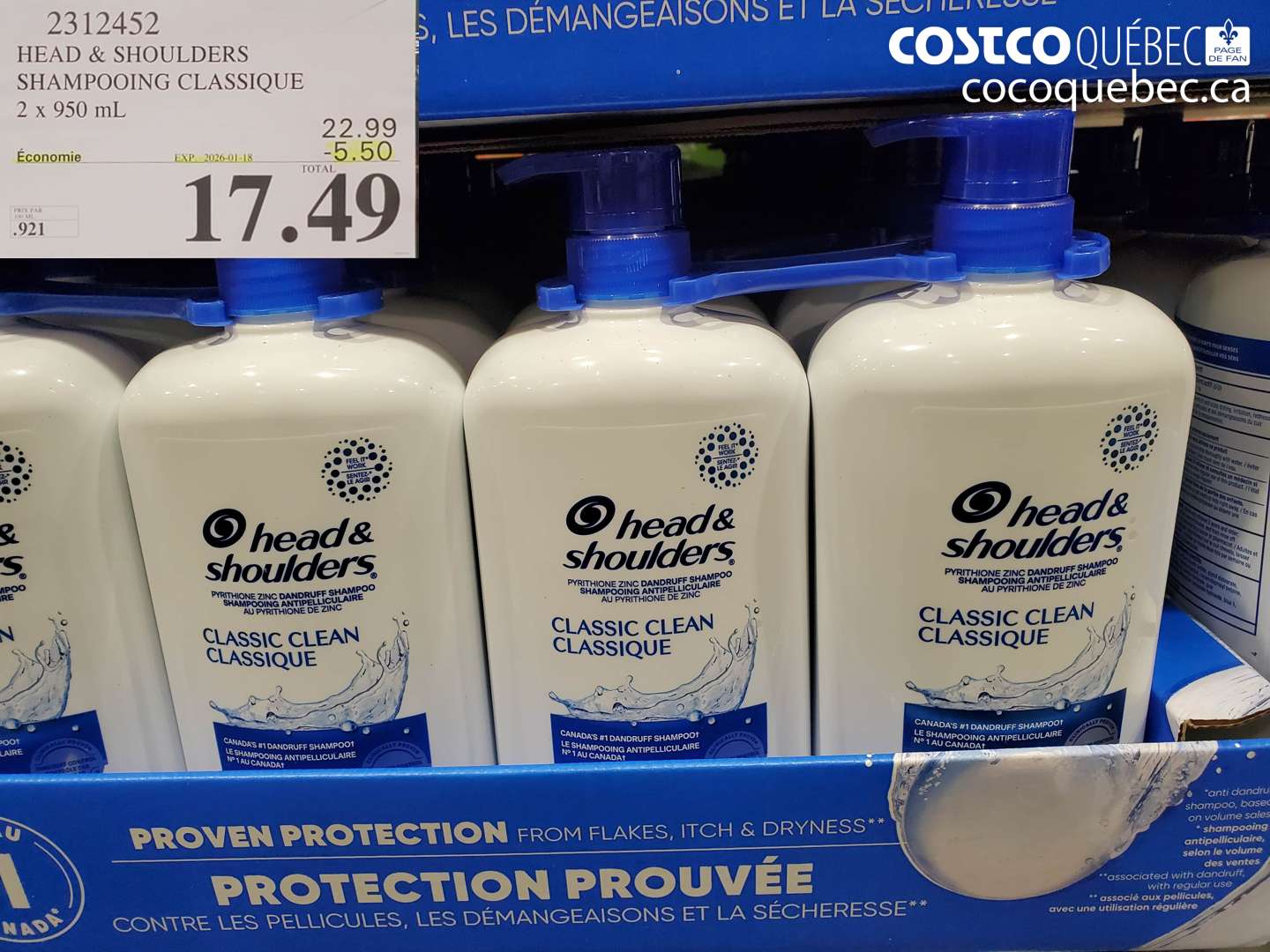 2312452 HEAD & SHOULDERS SHAMPOOING CLASSIQUE 2 x 950 mL ($5.50 INSTANT SAVINGS EXPIRES ON 2026-01-18) $17.49