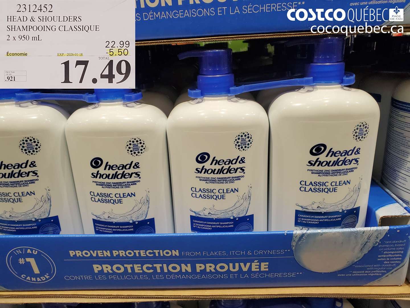 2312452 HEAD & SHOULDERS SHAMPOOING CLASSIQUE 2 x 950 mL ($5.50 INSTANT SAVINGS EXPIRES ON 2026-01-18) $17.49