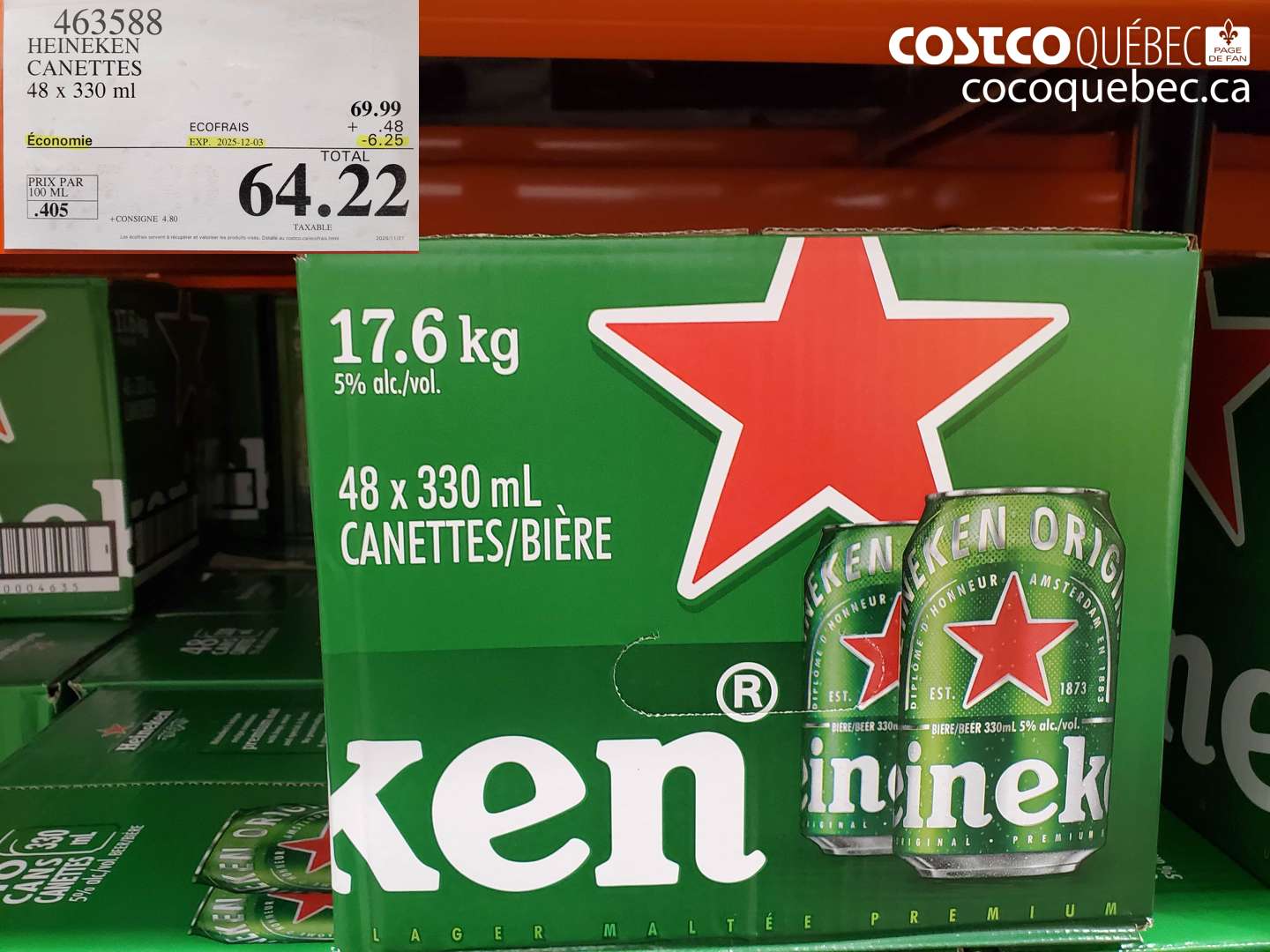 463588 HEINEKEN CANETTES 48 X 330ML ($6.25 INSTANT SAVINGS EXPIRES ON 2025-12-03) $64.22