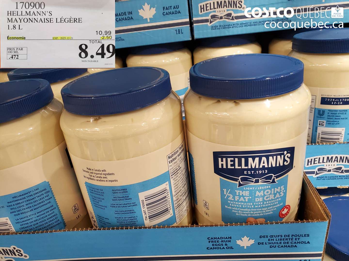 170900 HELLMANN'S MAYONNAISE LÉGÈRE 1.8 L ($2.50 INSTANT SAVINGS EXPIRES ON 2025-12-21) $8.49
