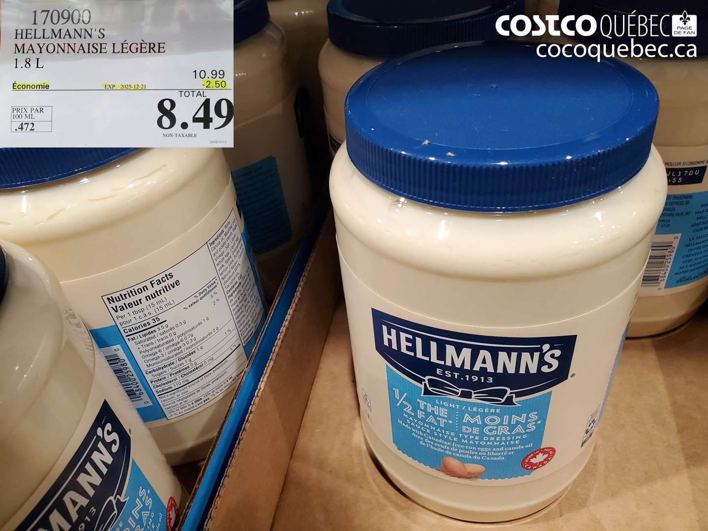 170900 HELLMANN'S MAYONNAISE LÉGÈRE 1.8 L ($2.50 INSTANT SAVINGS EXPIRES ON 2025-12-21) $8.49