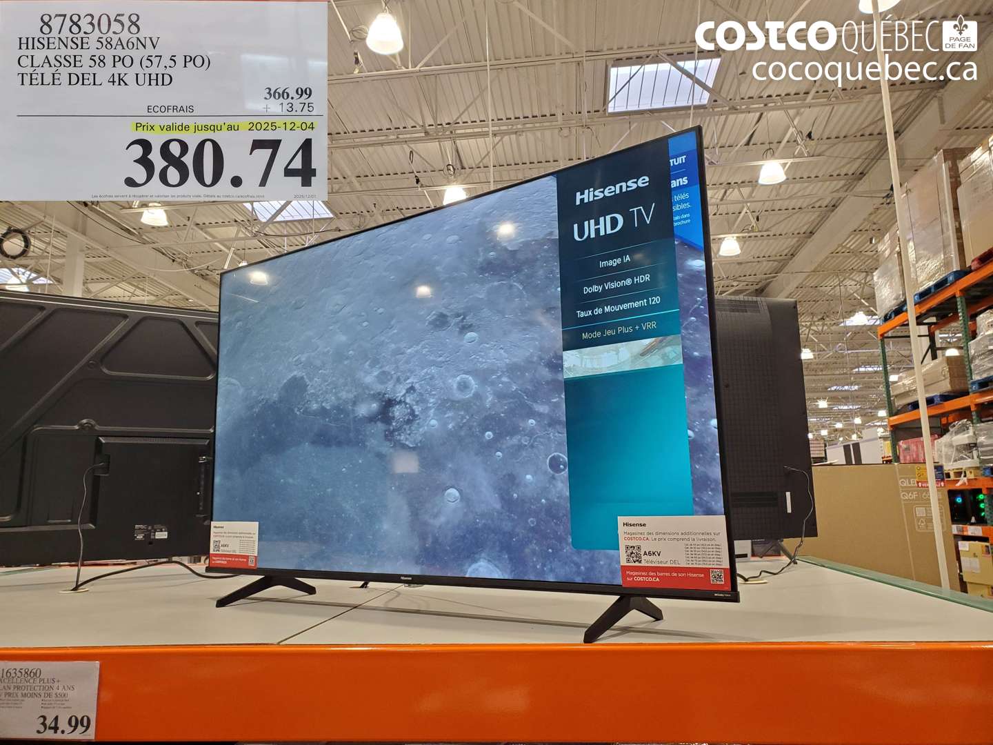 8783058 HISENSE 58A6NV CLASSE 58 PO (57,5 PO) TELE DEL 4K UHD (EXPIRES ON 2025-12-04) $380.74