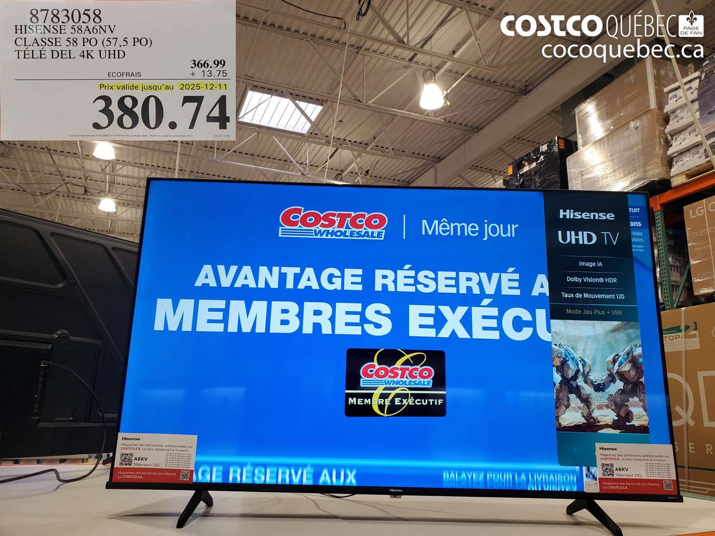 8783058 HISENSE 58A6NV CLASSE 58 PO (57,5 PO) TÉLÉ DEL 4K UHD (EXPIRES ON 2025-12-11) $380.74