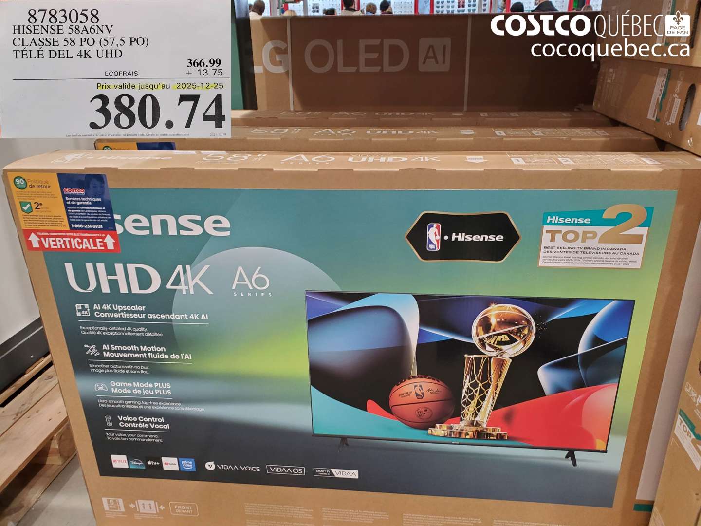 8783058 HISENSE 58A6NV CLASSE 58 PO (57,5 PO) TÉLÉ DEL 4K UHD (EXPIRES ON 2025-12-25) $380.74