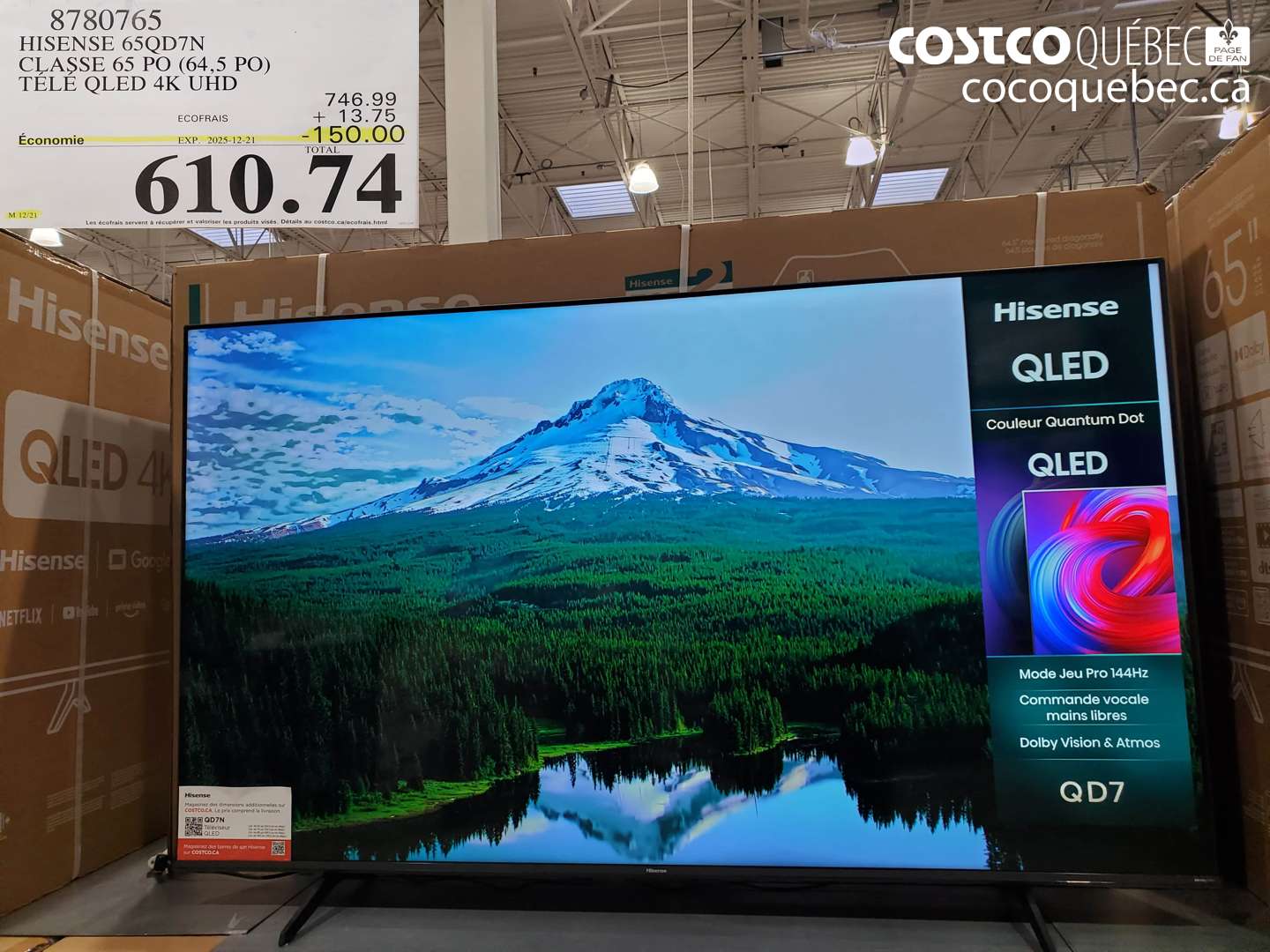 8780765 HISENSE 65QD7N CLASSE 65 PO (64,5 PO) TÉLÉ QLED 4K UHD ($150.00 INSTANT SAVINGS EXPIRES ON 2025-12-21) $610.74