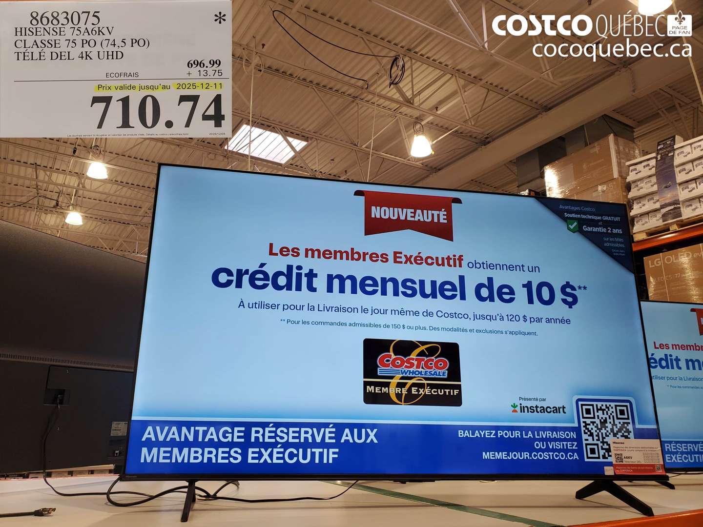 8683075 HISENSE 75A6KV CLASSE 75 PO (74,5 PO) TÉLÉ DEL 4K UHD $710.74