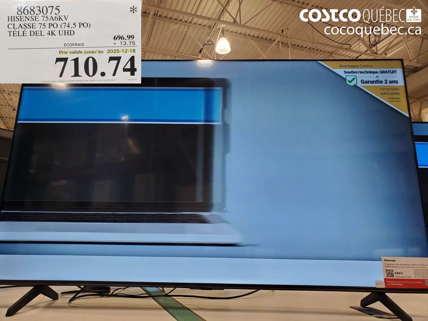 8683075 HISENSE 75A6KV CLASSE 75 PO (74,5 PO) TÉLÉ DEL 4K UHD (EXPIRES ON 2025-12-18) $710.74