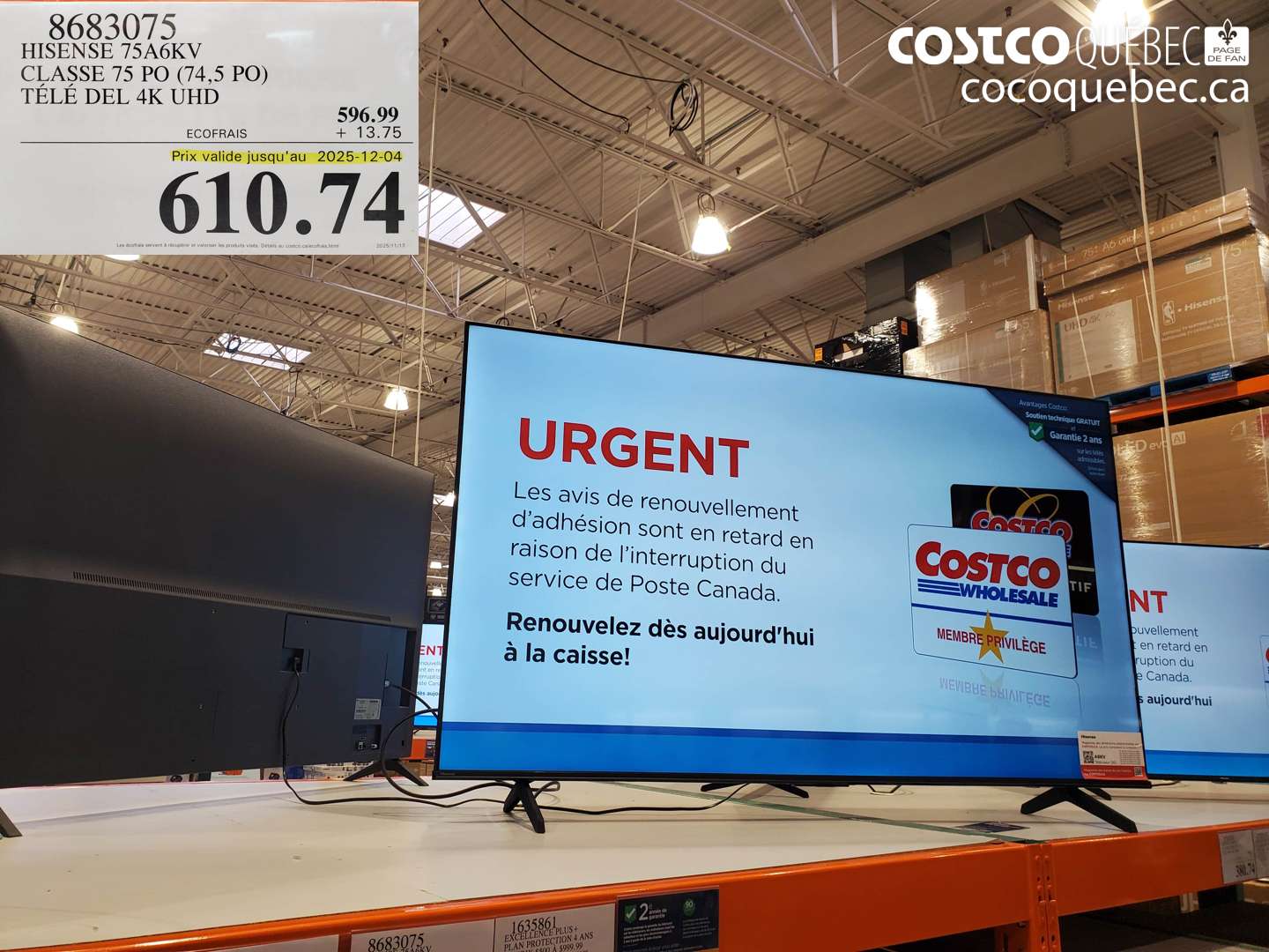8683075 HISENSE 75A6KV CLASSE 75 PO (74,5 PO) TELE LCD DEL 4K UHD  (EXPIRES ON 2025-12-04) $610.74