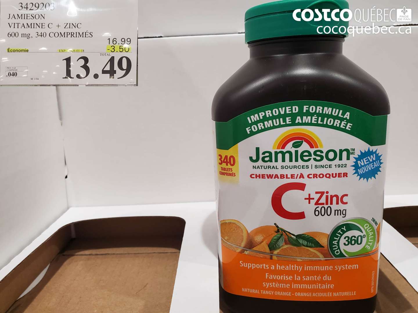 3429203 JAMIESON VITAMINE C + ZINC 600 mg, 340 COMPRIMÉS ($3.50 INSTANT SAVINGS EXPIRES ON 2016-01-18) $13.49