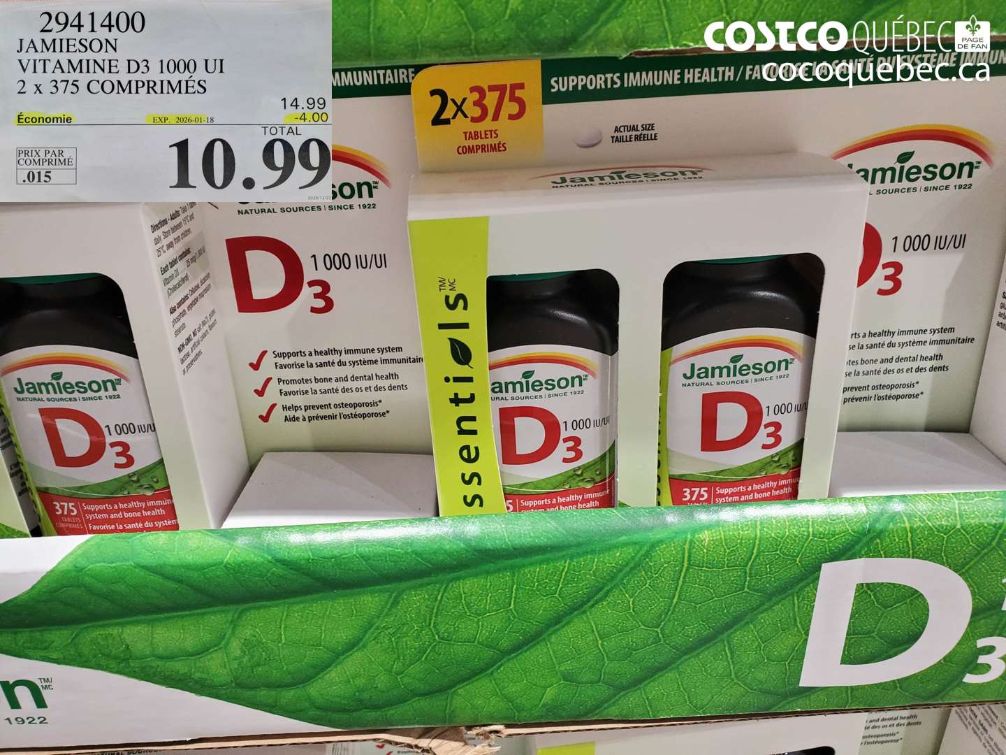 2941400 JAMIESON VITAMINE D3 1000 UI 2 x 375 COMPRIMÉS ($4.00 INSTANT SAVINGS EXPIRES ON 2026-01-18) $10.99