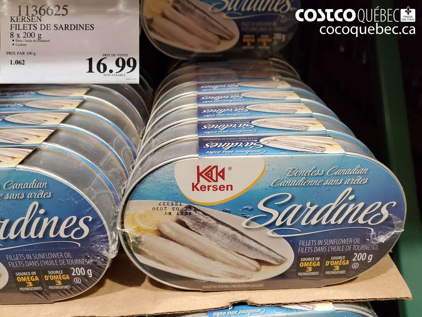 1136625 KERSEN FILETS DE SARDINES 8 x 200 g $16.99