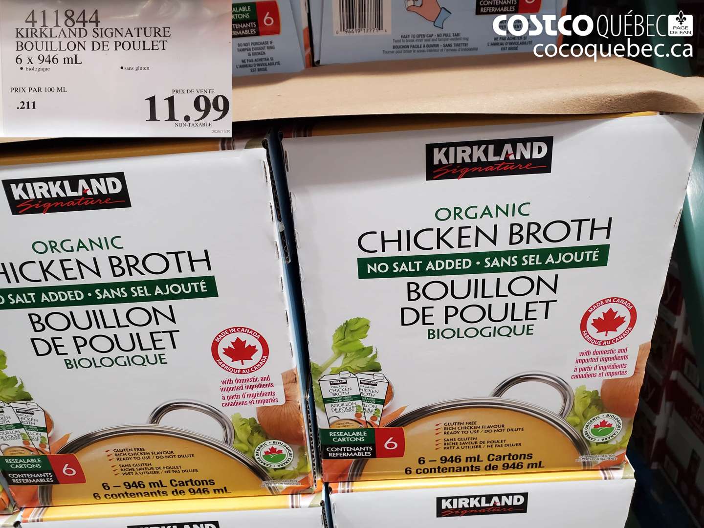 411844 KIRKLAND SIGNATURE BOUILLON DE POULET 6 x 946 mL  $11.99