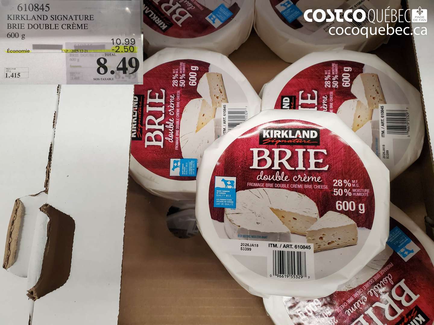 610845 KIRKLAND SIGNATURE BRIE DOUBLE CRÈME 600 g ($2.50 INSTANT SAVINGS EXPIRES ON 2025-12-21) $8.49