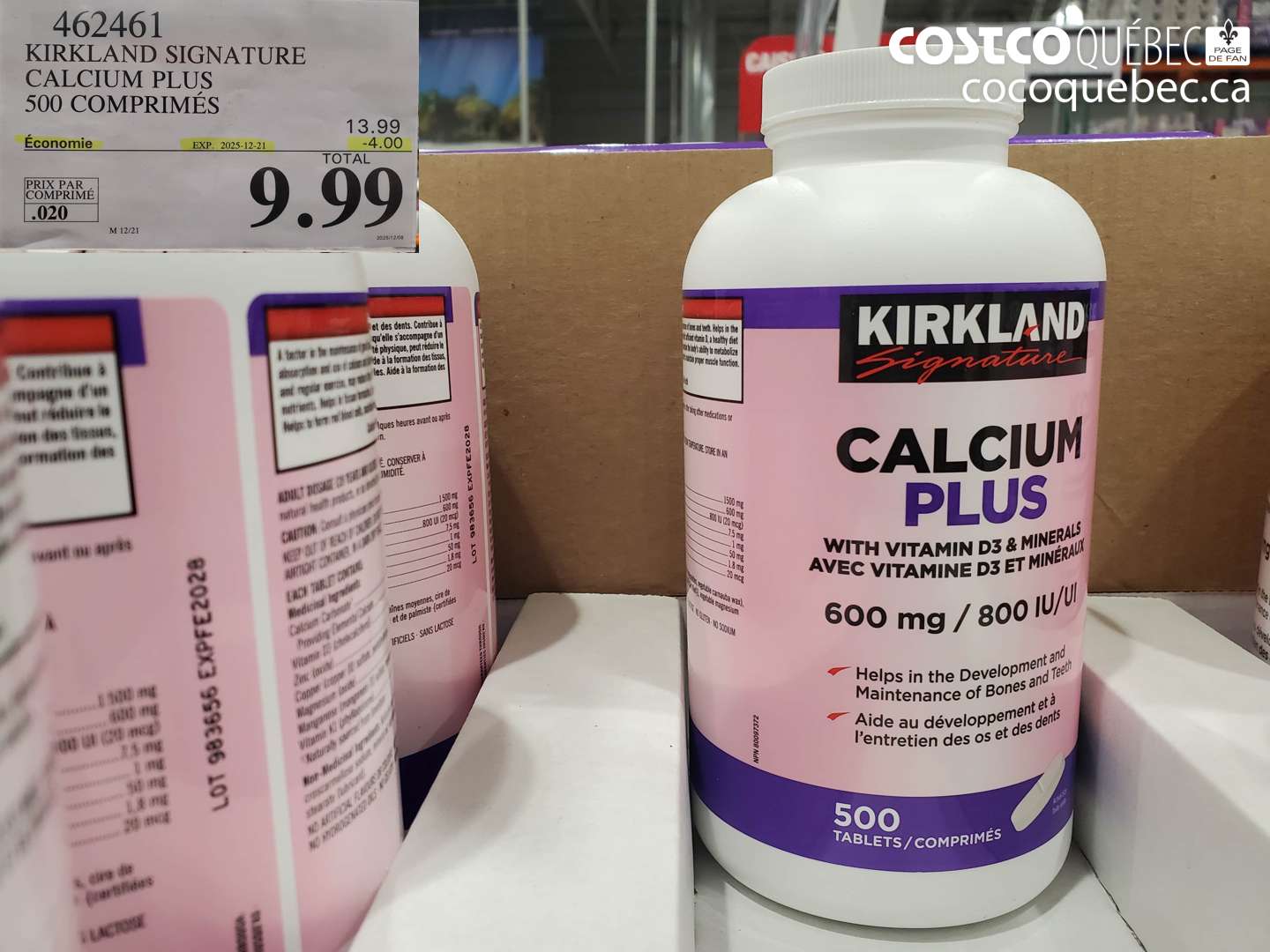 462461 KIRKLAND SIGNATURE CALCIUM PLUS 500 COMPRIMÉS (EXPIRES ON 2025-12-21) $9.99