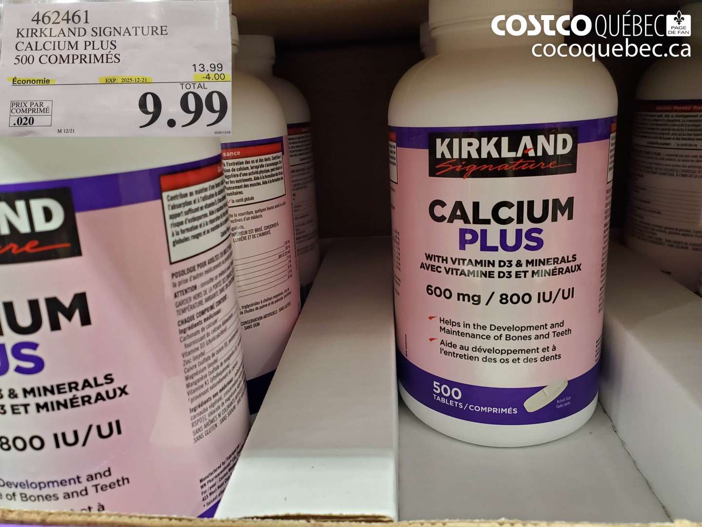 462461 KIRKLAND SIGNATURE CALCIUM PLUS 500 COMPRIMÉS ($4.00 INSTANT SAVINGS EXPIRES ON 2025-12-21) $9.99