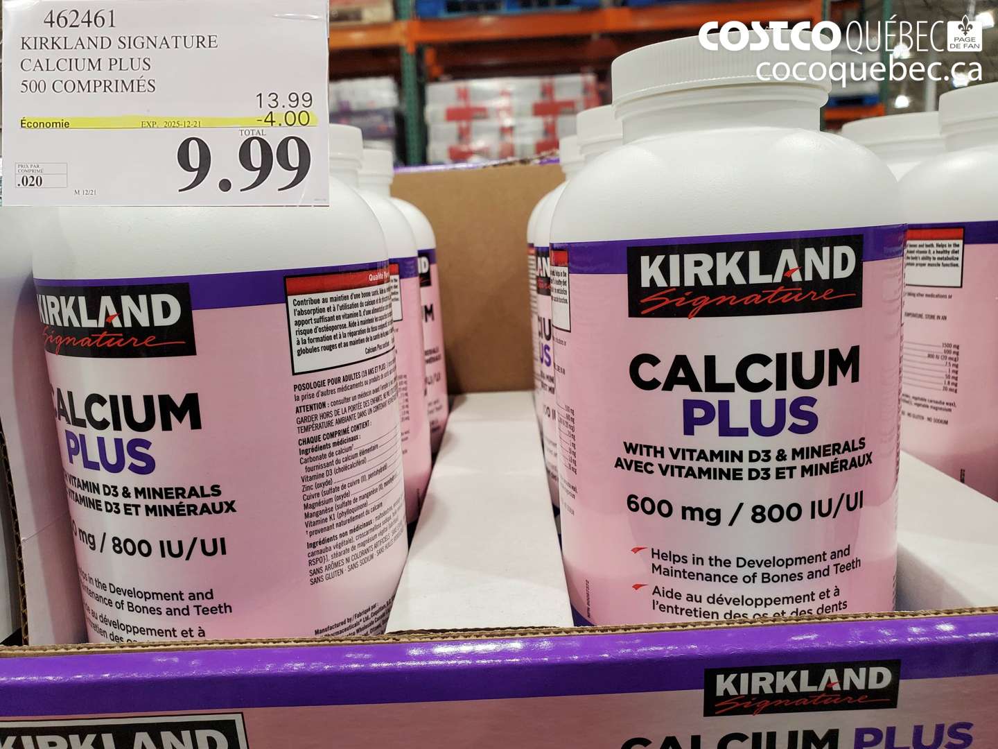 462461 KIRKLAND SIGNATURE CALCIUM PLUS 500 COMPRIMÉS ($4.00 INSTANT SAVINGS EXPIRES ON 2025-12-21) $9.99