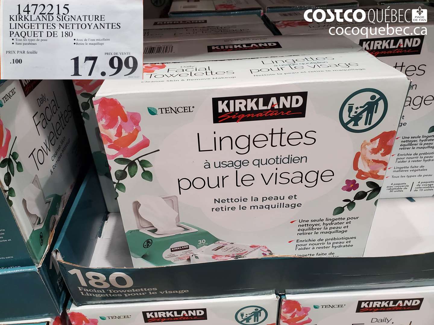 1472215 KIRKLAND SIGNATURE LINGETTES NETTOYANTES PAQUET DE 180 $17.99