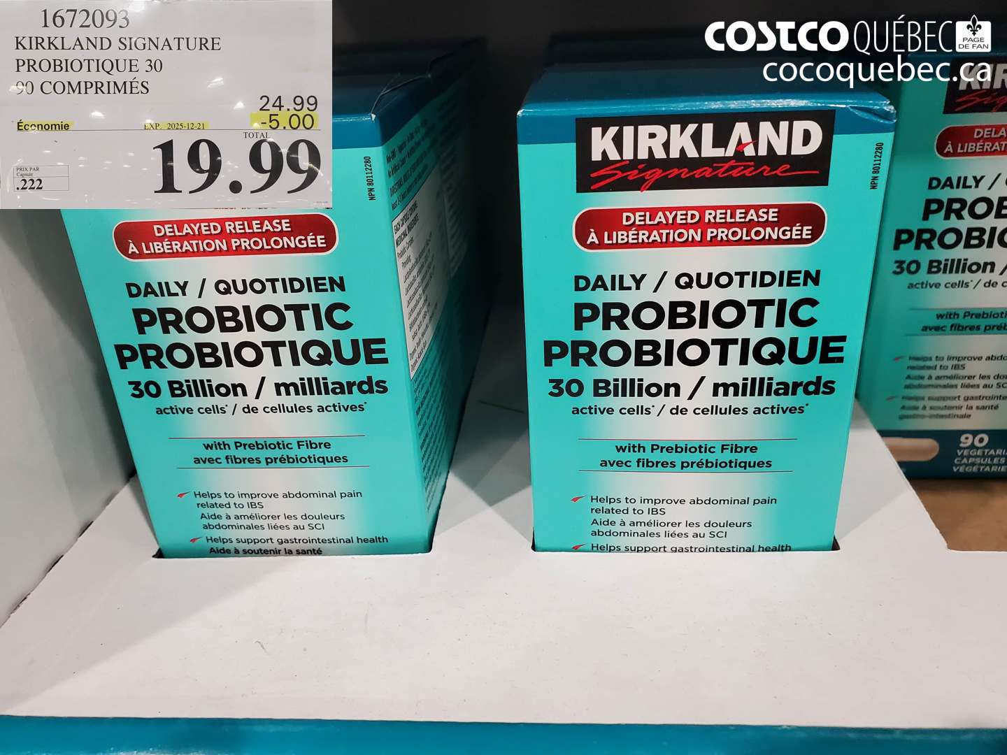 1672093 KIRKLAND SIGNATURE PROBIOTIQUE 30 90 COMPRIMÉS ($5.00 INSTANT SAVINGS EXPIRES ON 2025-12-21) $19.99