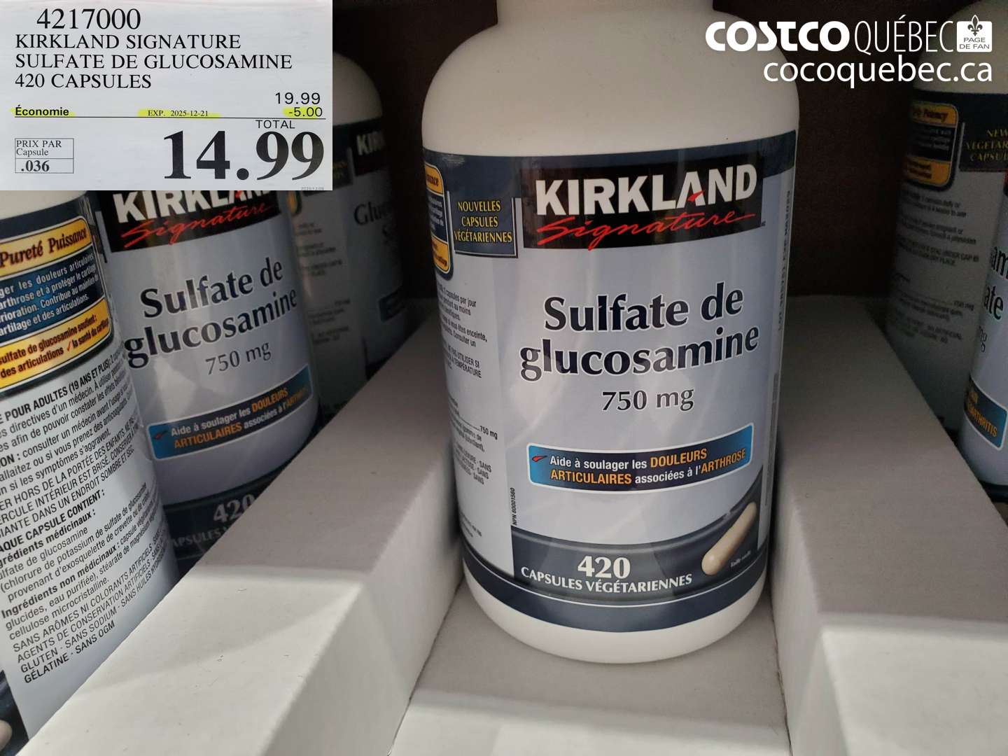 4217000 KIRKLAND SIGNATURE SULFATE DE GLUCOSAMINE 420 CAPSULES (EXPIRES ON 2025-12-21) $14.99