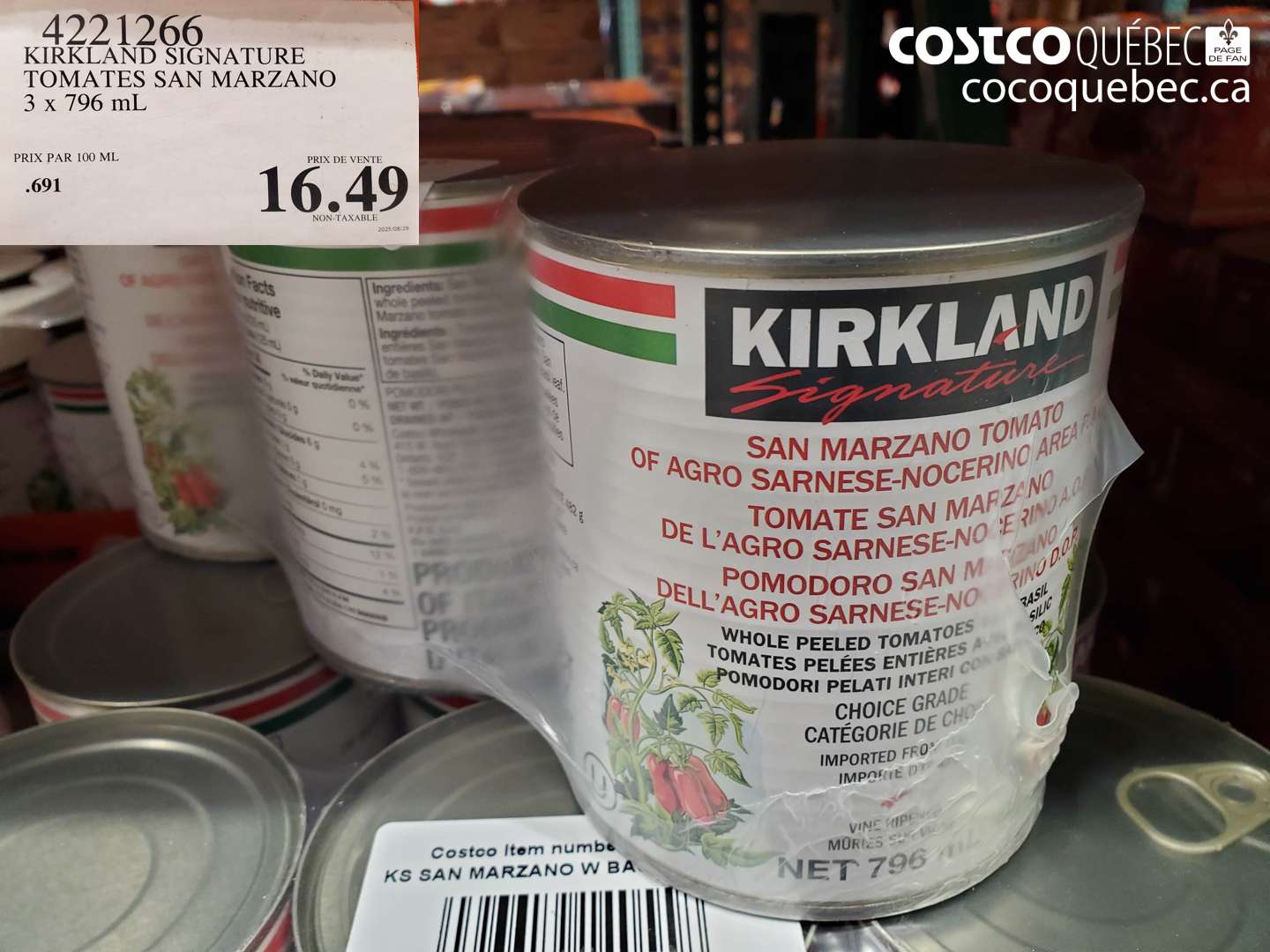 4221266 KIRKLAND SIGNATURE TOMATES SAN MARZANO 3 x 796 ml $16.49