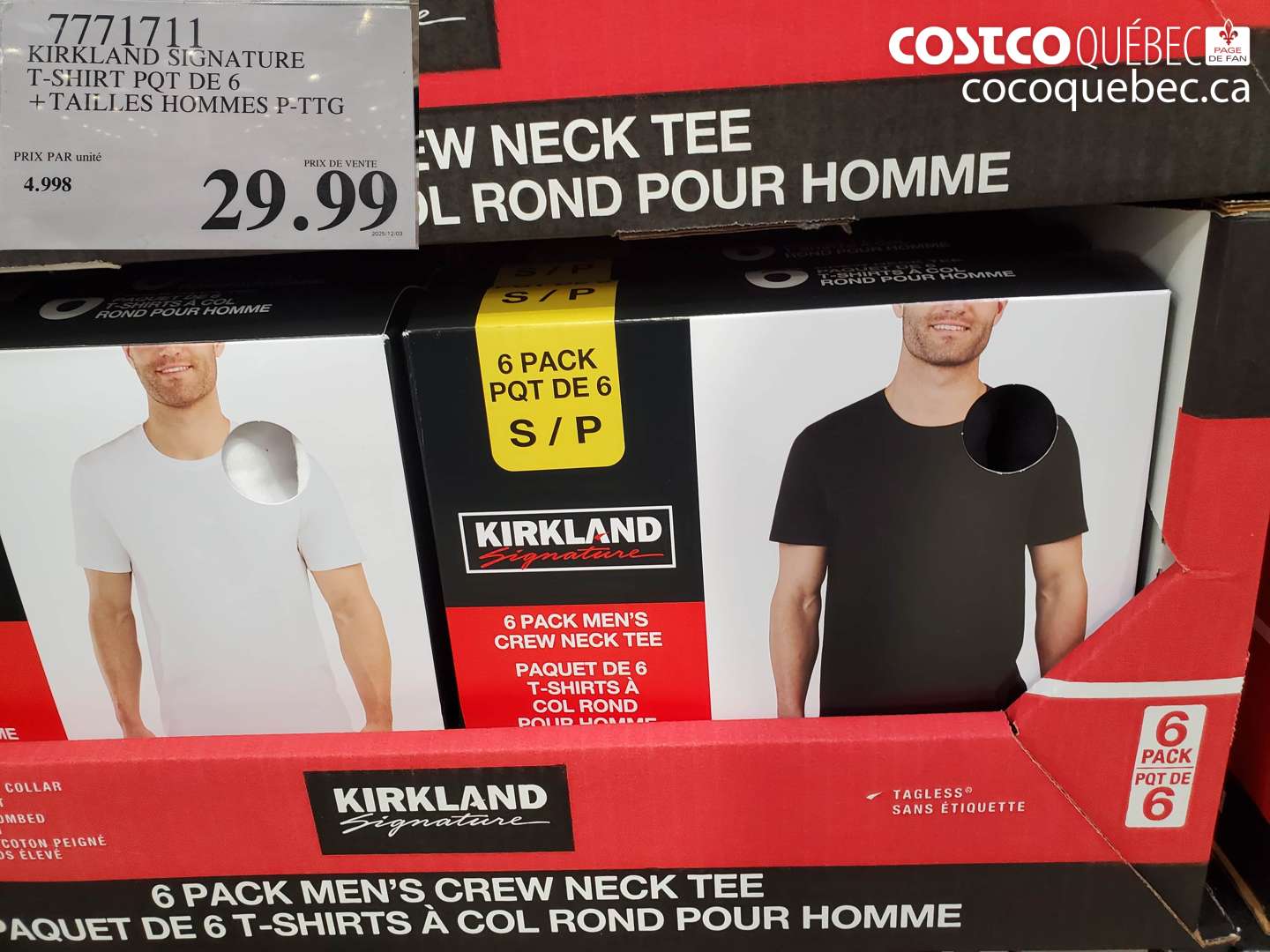 7771711 KIRKLAND SIGNATURE T-SHIRT POT DE 6 + TAILLES HOMMES P-TG $29.99