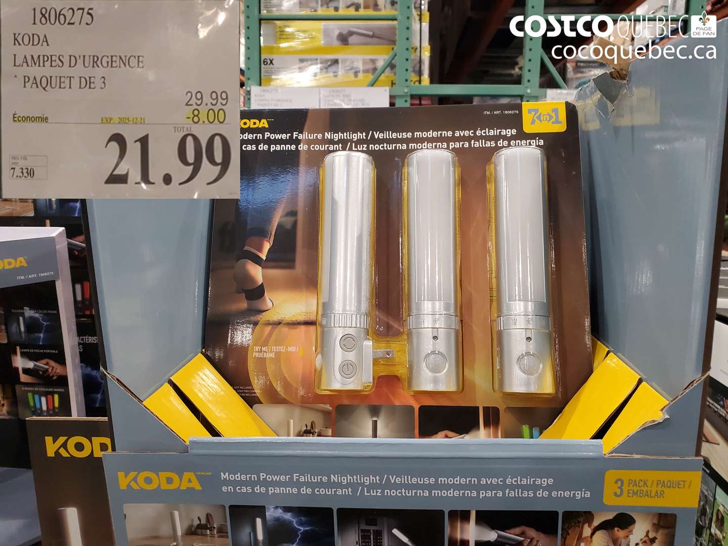 1806275 KODA LAMPES D'URGENCE PAQUET DE 3 (EXPIRES ON 2025-12-21) $21.99