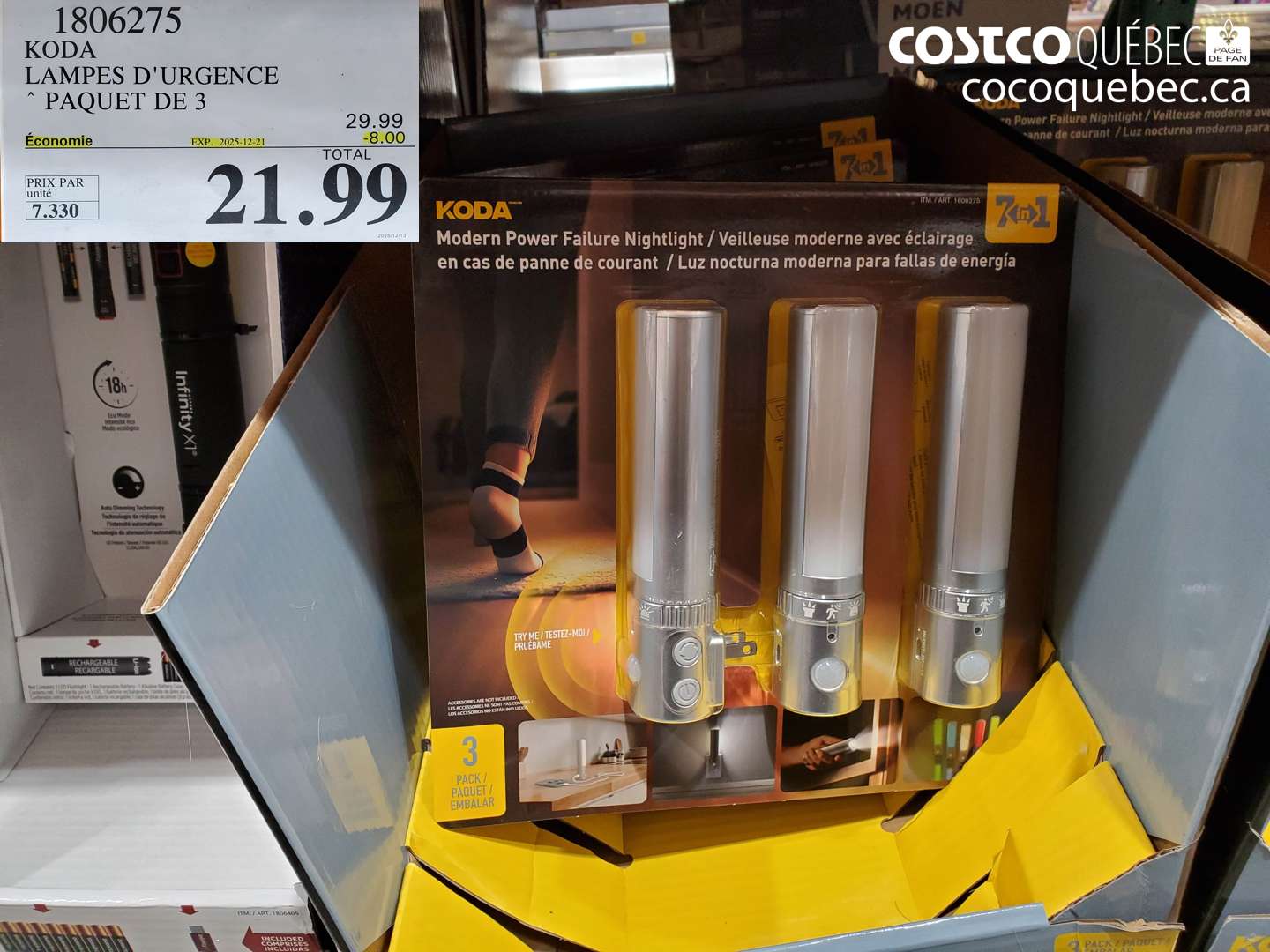 1806275 KODA LAMPES D'URGENCE PAQUET DE 3 ($8.00 INSTANT SAVINGS EXPIRES ON 2025-12-21) $21.99