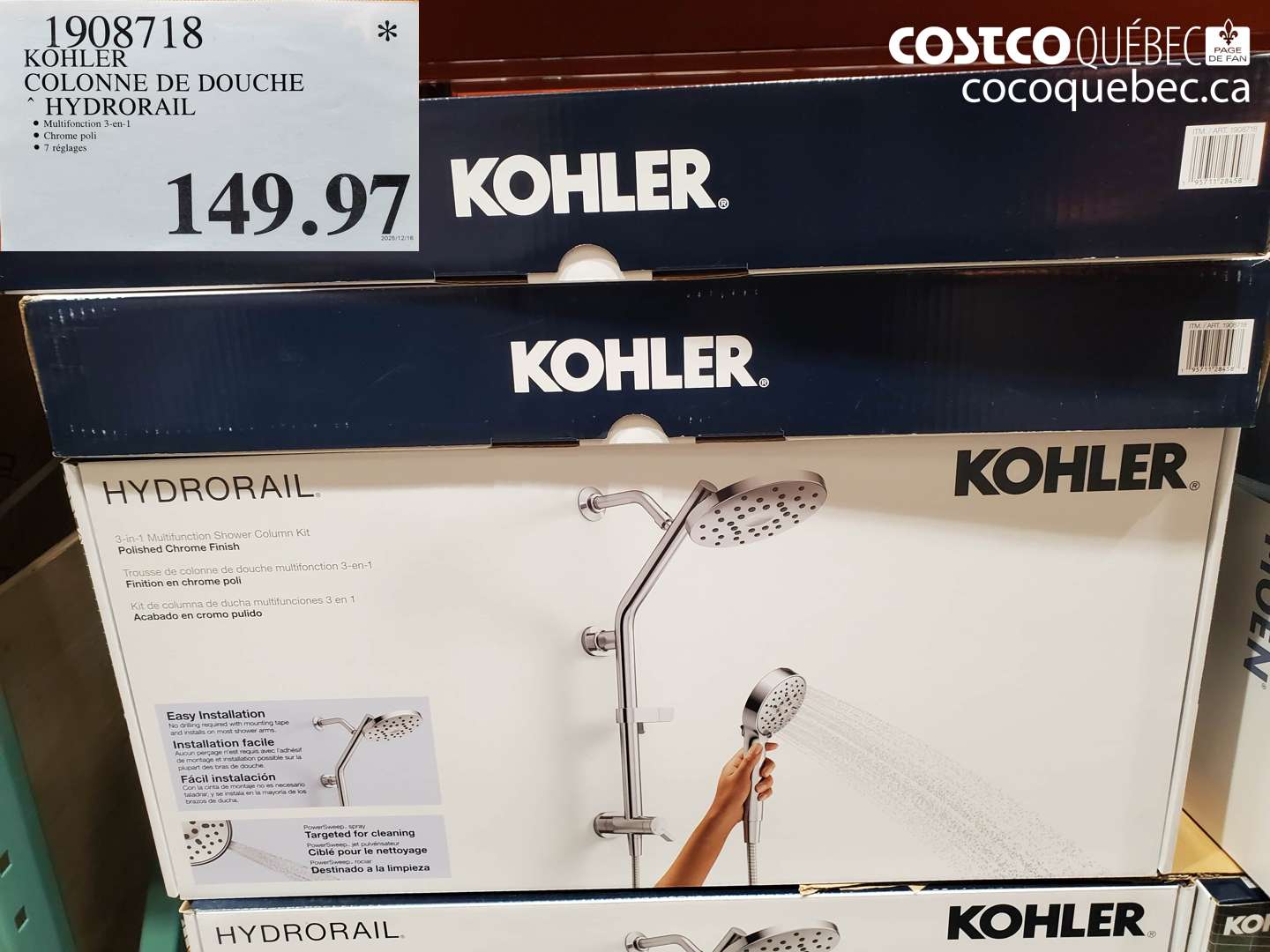 1908718 KOHLER COLONNE DE DOUCHE HYDRORAIL $149.97