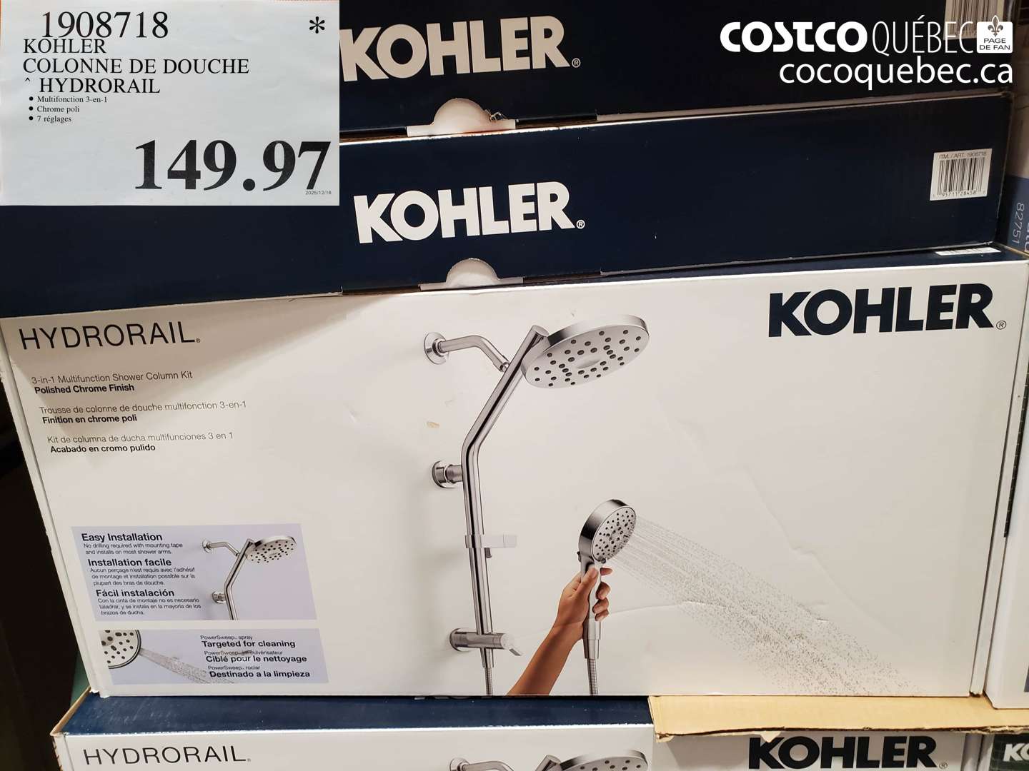 1908718 KOHLER COLONNE DE DOUCHE HYDRO RAIL $149.97
