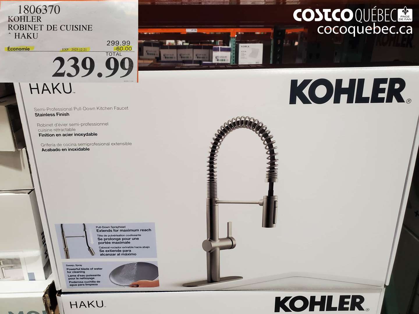 1806370 KOHLER ROBINET DE CUISINE ($60.00 INSTANT SAVINGS EXPIRES ON 2025-12-21) $239.99