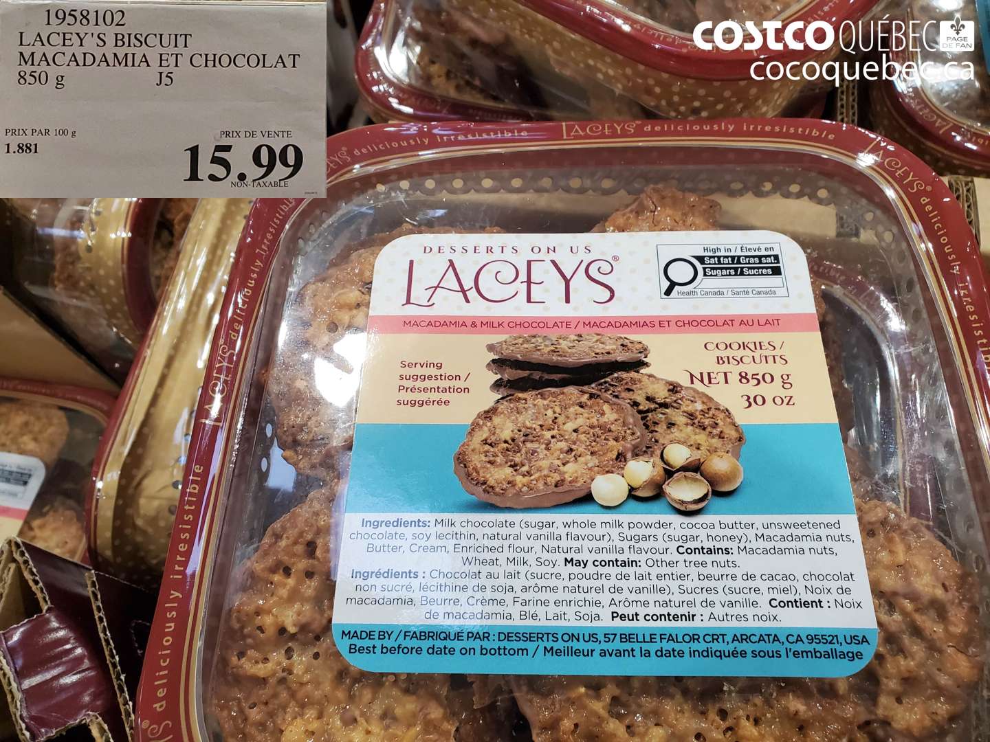 1958102 LACEY'S BISCUIT MACADAMIA ET CHOCOLAT 850 g $15.99