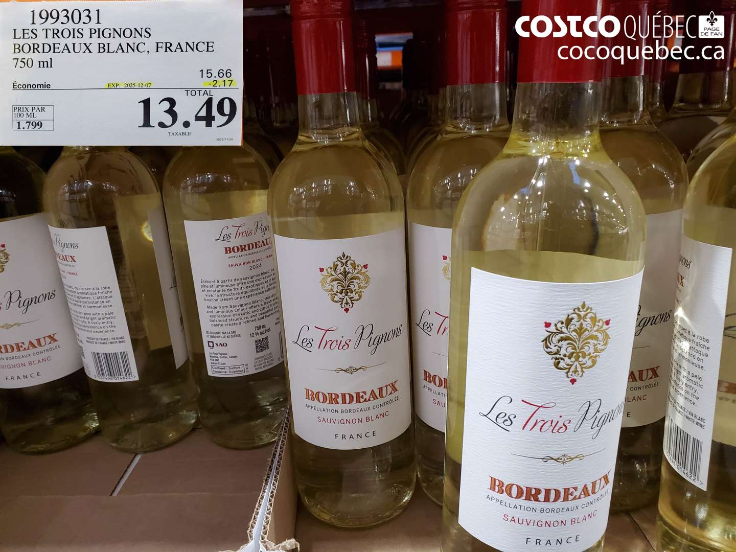 1993031 LES TROIS PIGNONS BORDEAUX BLANC, FRANCE 750 ml ($2.17 INSTANT SAVINGS EXPIRES ON 2025-12-07) $13.49