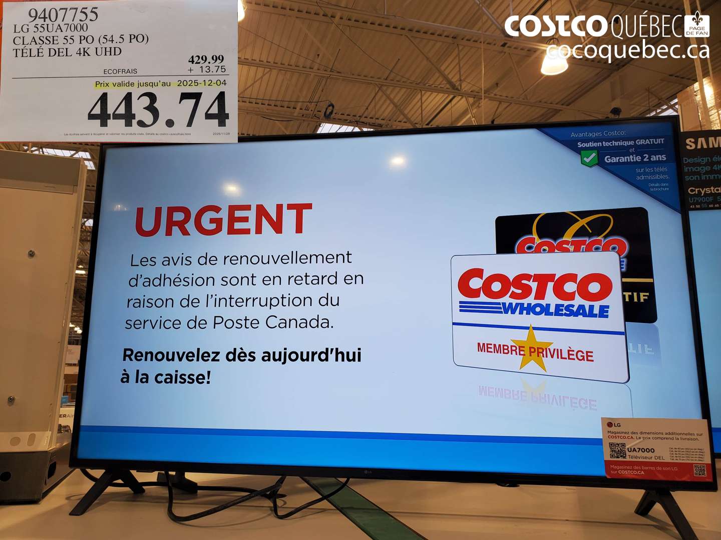 9407755 LG 55UA7000 CLASSE 55 PO (54.5 PO) TELE DEL 4K UHD (EXPIRES ON 2025-12-04) $443.74