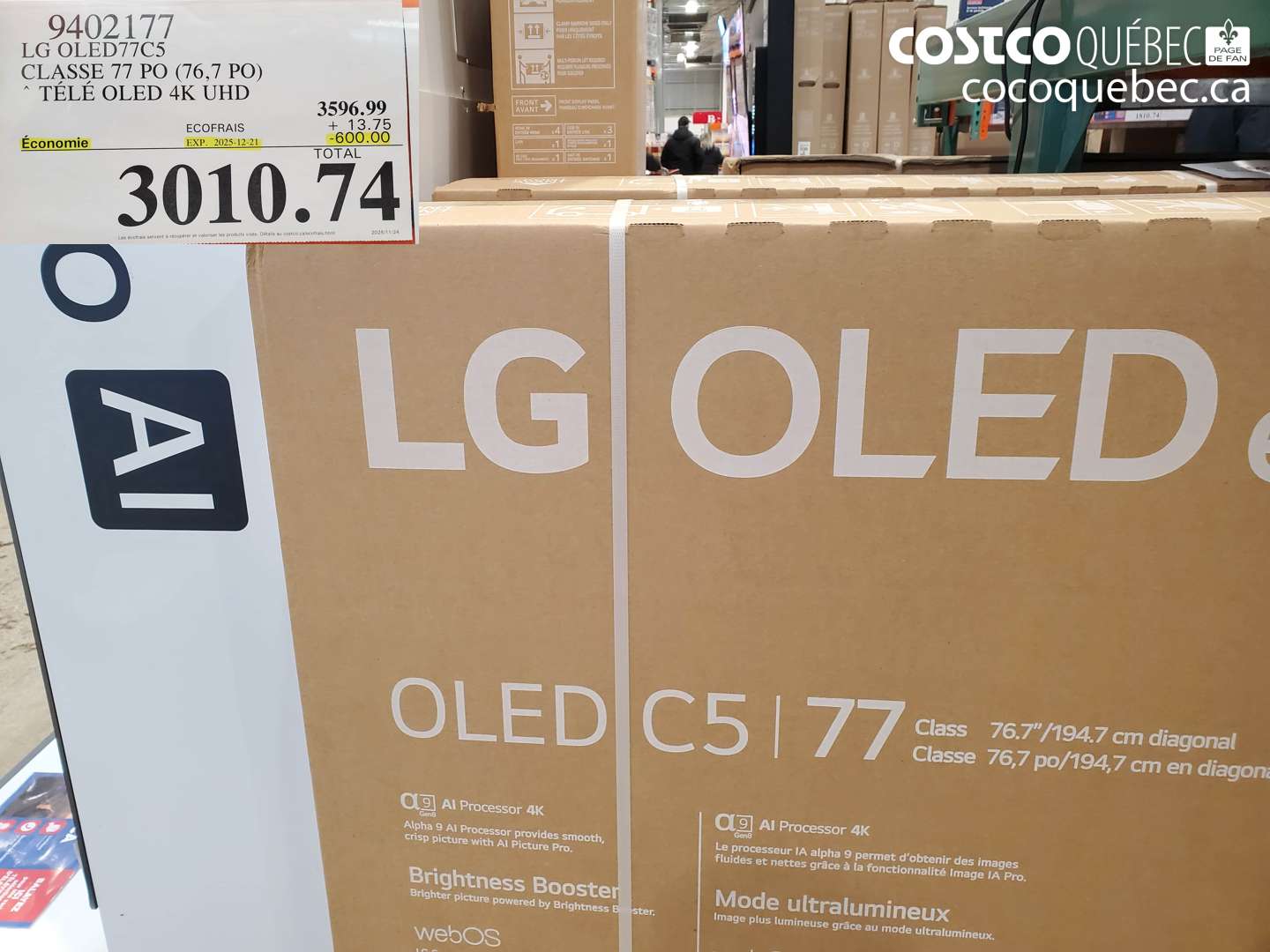 9402177 LG OLED77C5, CLASSE 77 PO (76,7 PO), TÉLÉ OLED 4K UHD ($600.00 INSTANT SAVINGS EXPIRES ON 2025-12-21) $3010.74