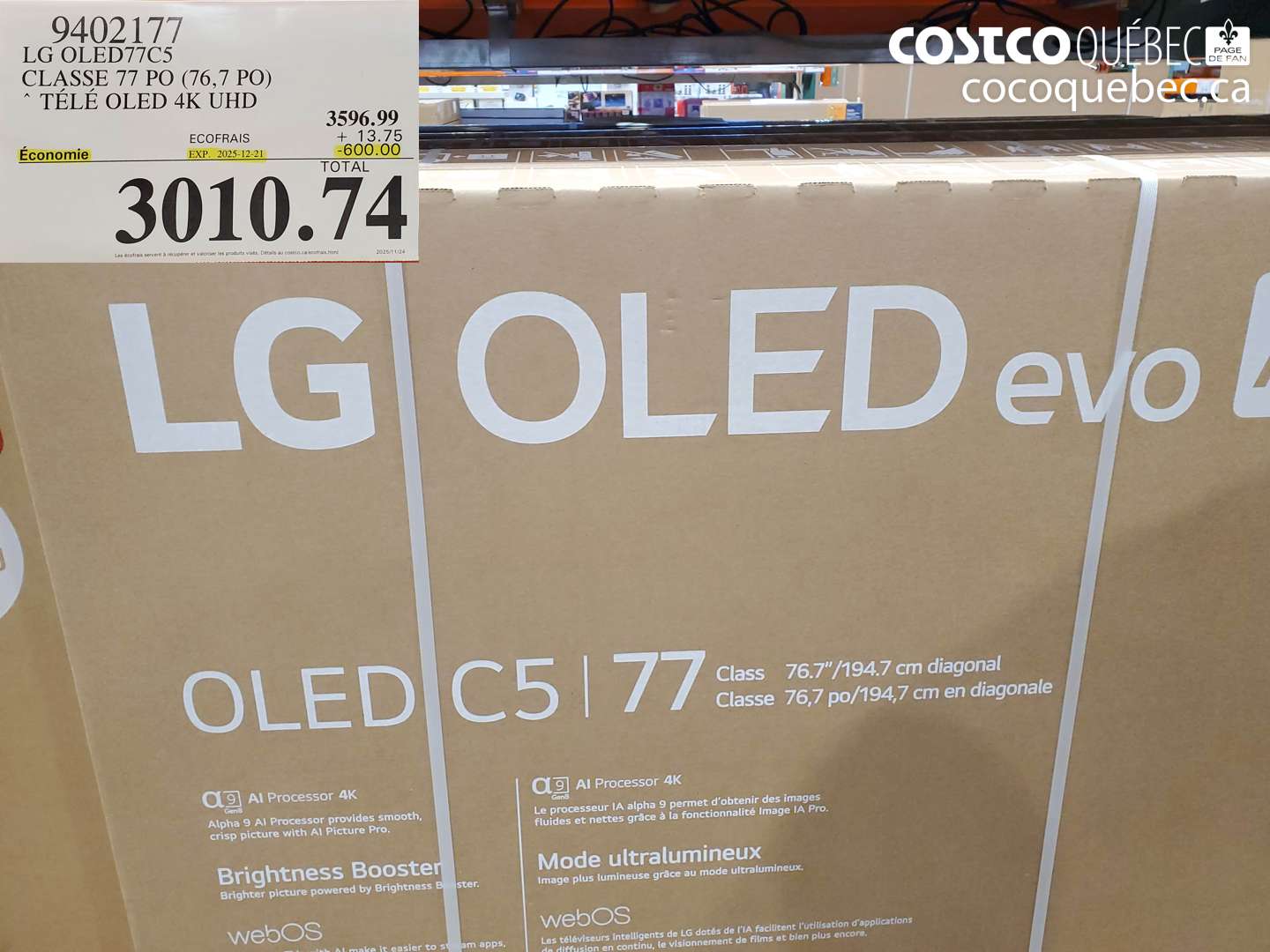 9402177 LG OLED77C5, CLASSE 77 PO (76,7 PO), TÉLÉ OLED 4K UHD ($600.00 INSTANT SAVINGS EXPIRES ON 2025-12-21) $3010.74