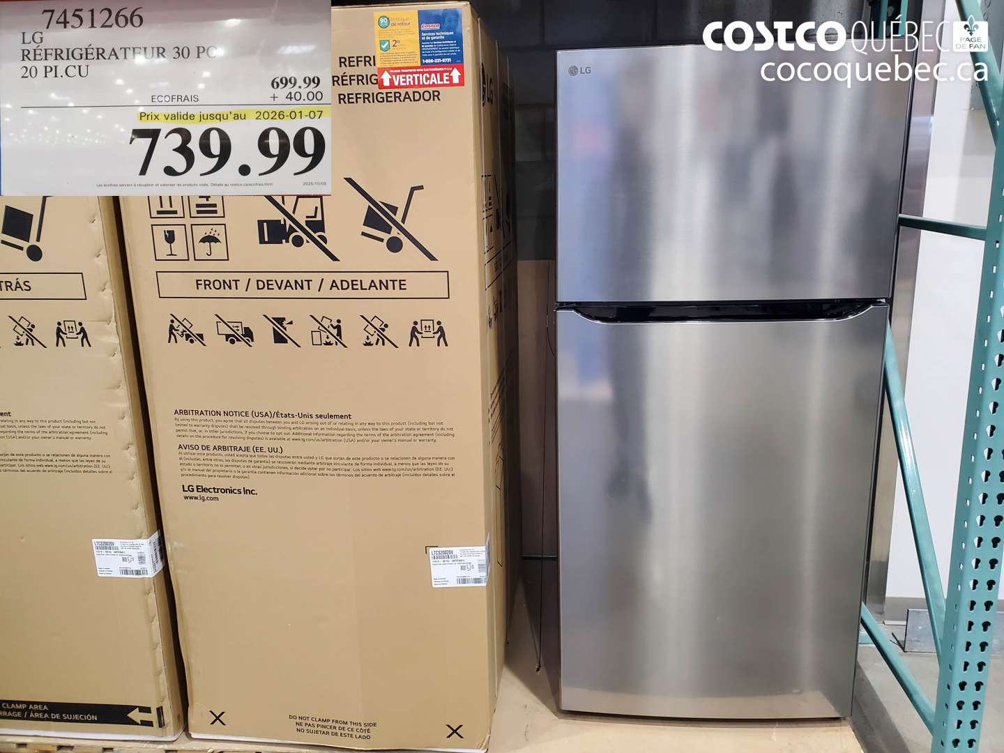 7451266 LG RÉFRIGÉRATEUR 30 PC 20 PI.CUOFF (EXPIRES ON 2026-01-07) $739.99