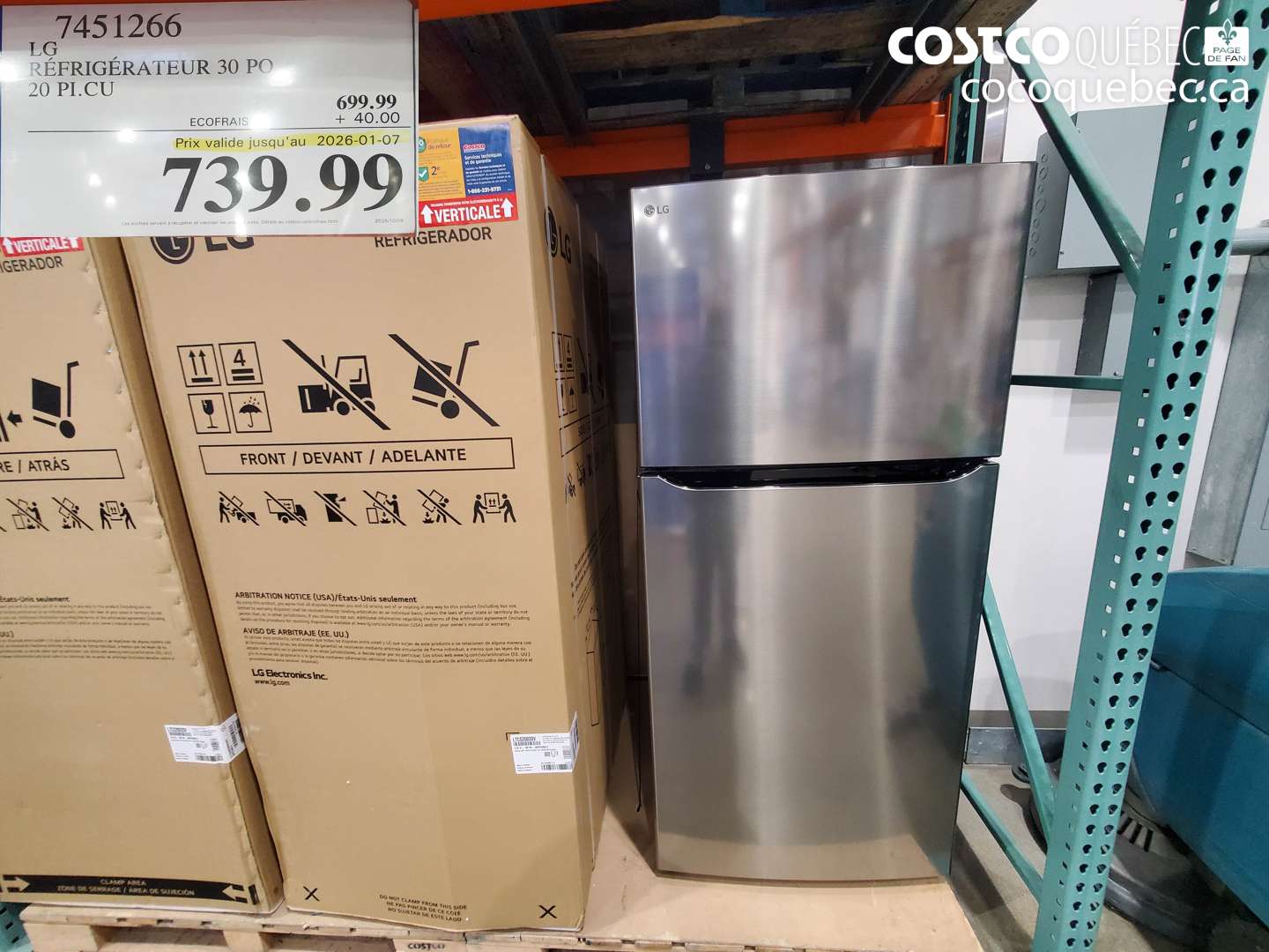 7451266 LG REFRIGERATEUR 30 PO (EXPIRES ON 2026-01-07) $739.99