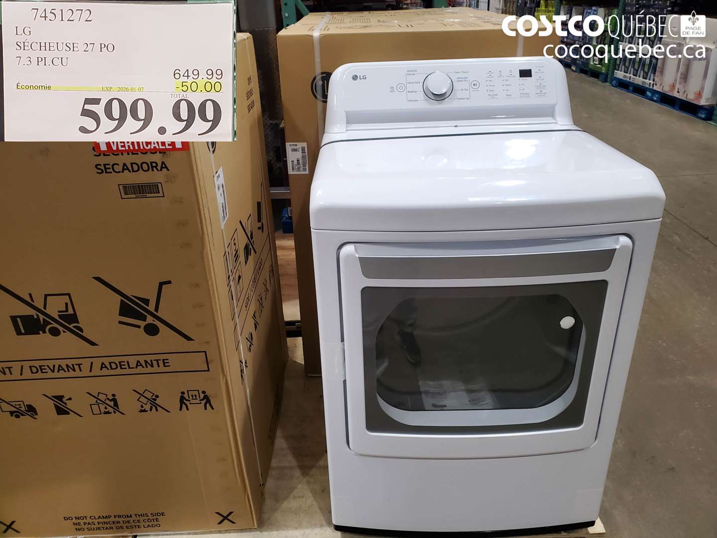 7451272 LG SÉCHEUSE 27 PO 7.3 PI.CU ($50.00 INSTANT SAVINGS EXPIRES ON 2026-01-07) $599.99