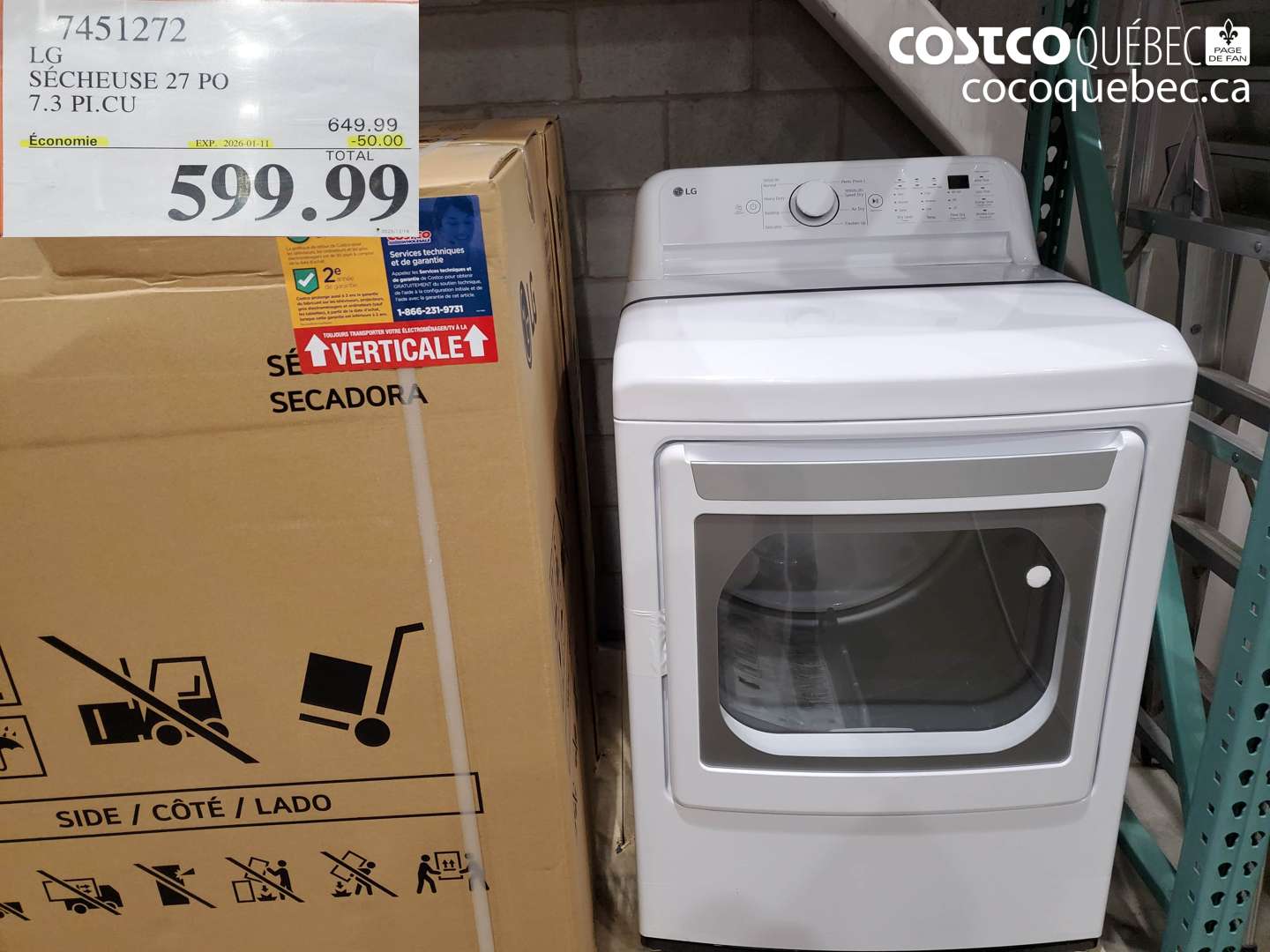 7451272 LG SÉCHEUSE 27 PO 7.3 PI.CU ($50.00 INSTANT SAVINGS EXPIRES ON 2026-01-11) $599.99