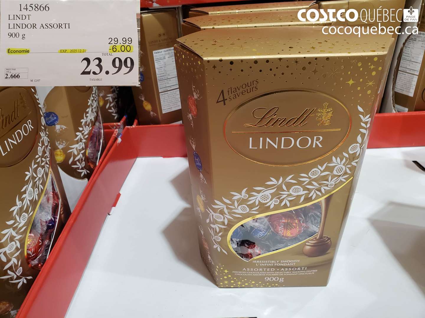 145866 LINDT LINDOR ASSORTI 900G ($6.00 INSTANT SAVINGS EXPIRES ON 2025-12-21) $23.99